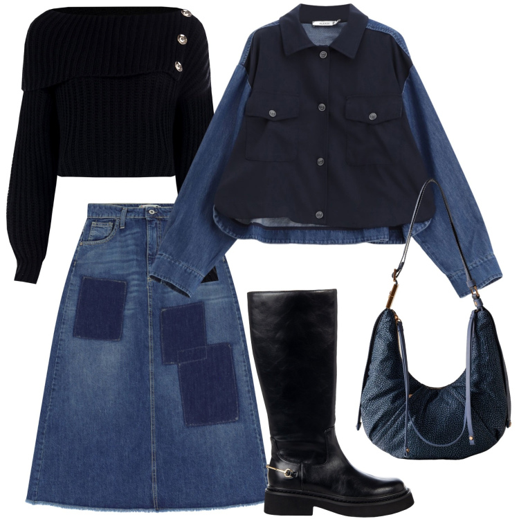 Outfit donna - Voglia di jeans. Stile Casual chic per Tutti i giorni. Abbinamento con stivali sopra il ginocchio, maglieria, blazer, gonne lunghe, borse a spalla.