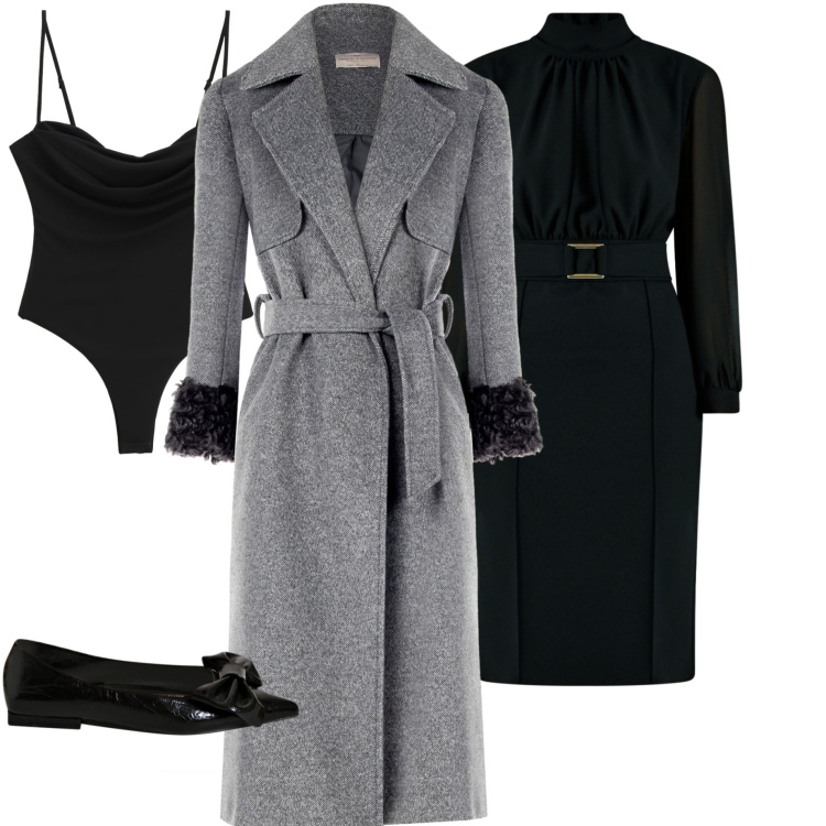 Outfit donna - Eleganza raffinata. Stile Chic per Serata fuori. Abbinamento con cappotti, vestiti a tubino, ballerine, body.