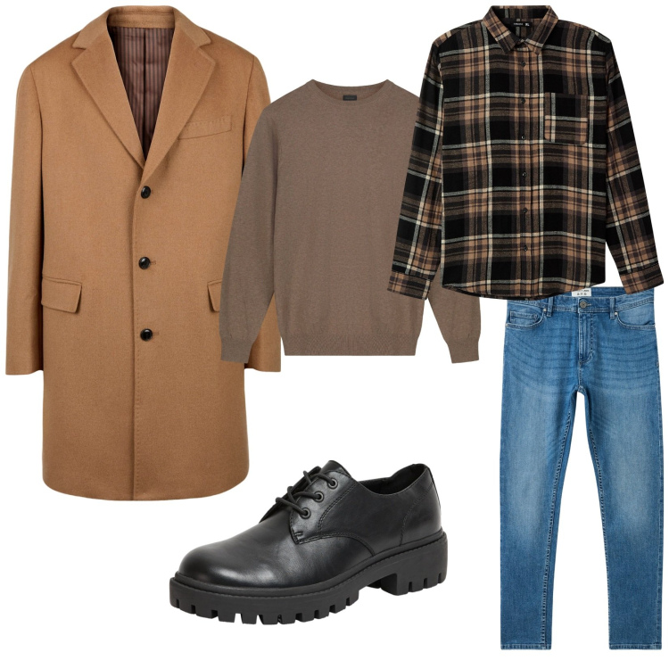 Outfit uomo - Total look #2275438. Stile Trendy per Ufficio. Abbinamento con jeans skinny, camicie, scarpe stringate, cappotti, maglieria.