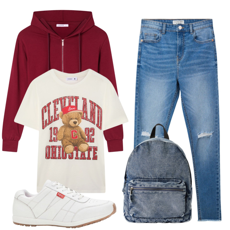 Outfit donna - Total look #2275439. Stile Urban per Tutti i giorni. Abbinamento con sneakers, jeans strappati, zaini, t-shirt, felpe con cappuccio.