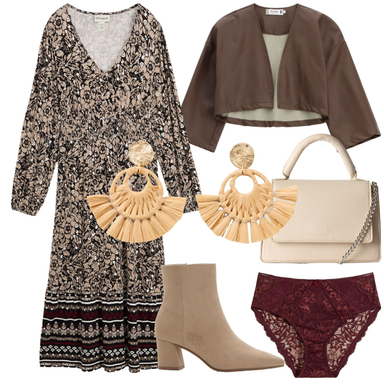 Outfit donna - Tema serata bohemienne. Stile Boho per Serata fuori. Abbinamento con orecchini, vestiti lunghi, stivaletti, culotte, borse a tracolla, giacche.