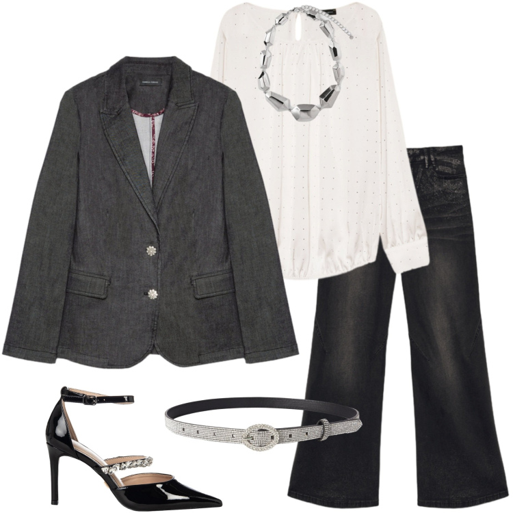 Outfit donna - Serata dance con le amiche. Stile Casual chic per Serata fuori. Abbinamento con cinture, décolleté, jeans, bluse, blazer, ciondoli.