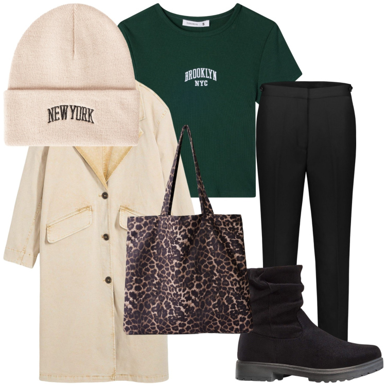 Outfit donna - Pioggia a New York. Stile Casual per Tutti i giorni. Abbinamento con stivaletti, trench, shopping bag, t-shirt, berretti, pantaloni chino.