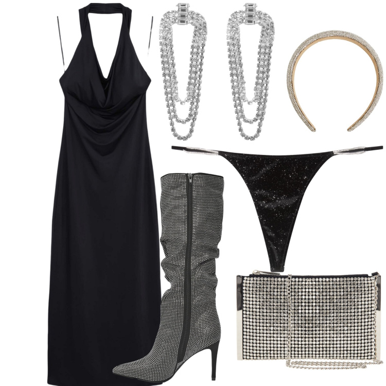 Outfit donna - Tutto brillante stasera. Stile Glamour per Serata fuori. Abbinamento con cerchietti, orecchini, vestiti lunghi, perizomi, stivali, pochette.