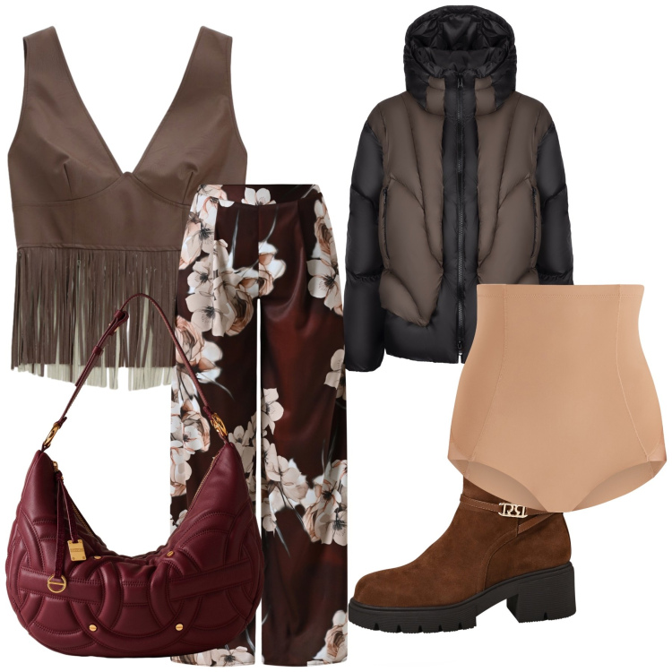 Outfit donna - Serata un po’ hippy. Stile Vintage retrò per Serata fuori. Abbinamento con pantaloni a palazzo, culotte, stivaletti, top, piumini, borse a spalla.