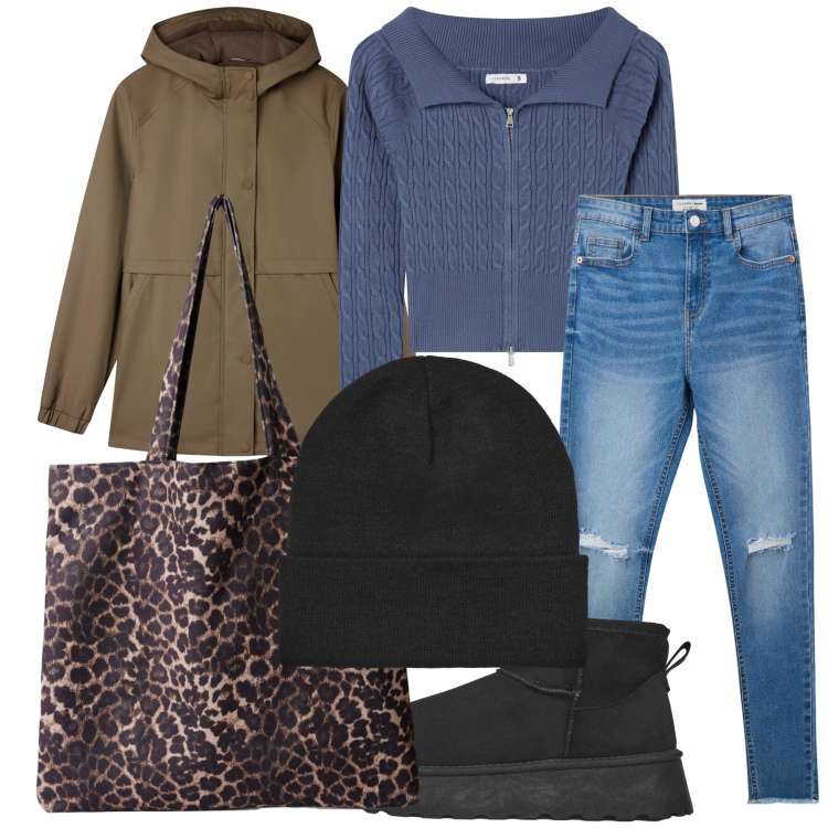 Outfit donna - Mattinata Terranova. Stile Trendy per Tutti i giorni. Abbinamento con jeans strappati, shopping bag, cardigans, stivaletti, blazer, berretti.