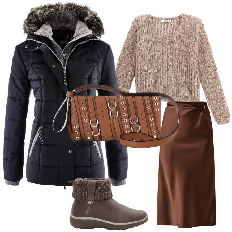 Outfit donna - Total look. Stile Basic per Tutti i giorni. Abbinamento con stivaletti, piumini, gonne longuette, borse a spalla, maglieria.