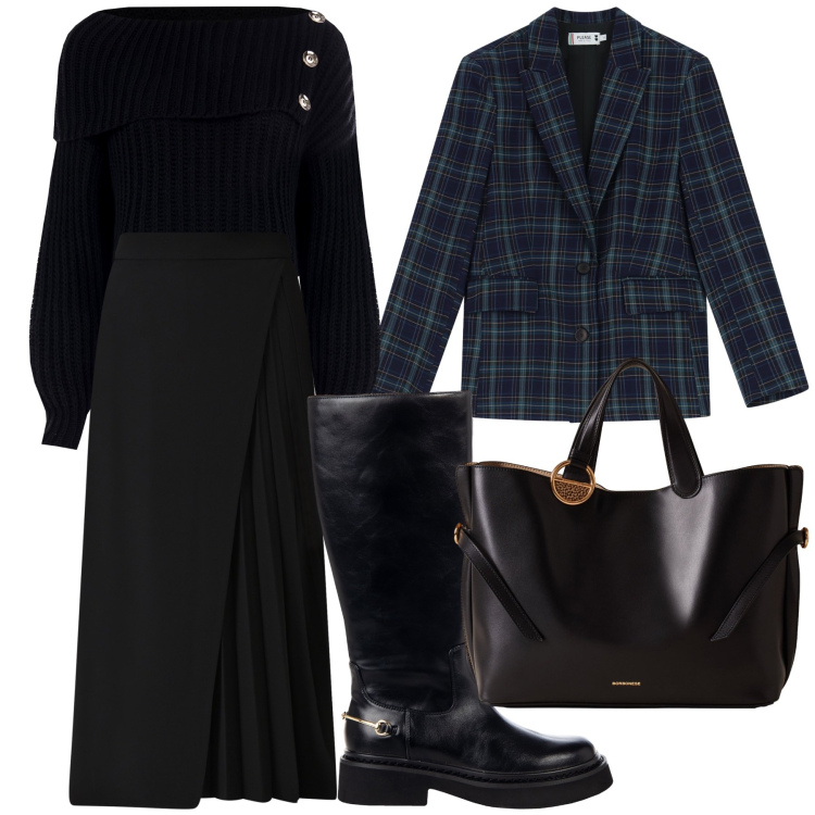 Outfit donna - My Office. Stile Urban per Ufficio. Abbinamento con maglieria, gonne longuette, stivali sopra il ginocchio, blazer, shopping bag.
