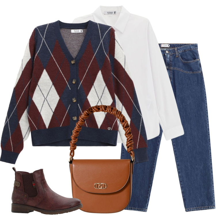 Outfit donna - Il cardigan a rombi. Stile Casual per Scuola/Università. Abbinamento con stivaletti chelsea, borse a mano, jeans, cardigans, camicie.