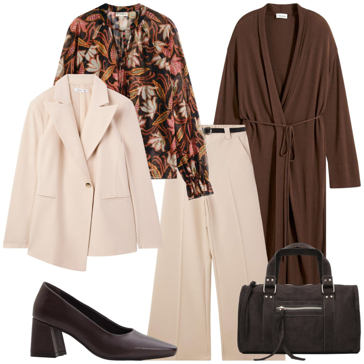 Outfit donna - Total look #2275457. Stile Etnico per Ufficio. Abbinamento con décolleté, maglieria, cappotti, blazer, pantaloni, borse a mano.