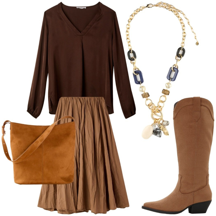 Outfit donna - Total look #2275458. Stile Casual chic per Ufficio. Abbinamento con borse a mano, stivali, gonne lunghe, bluse, collane.