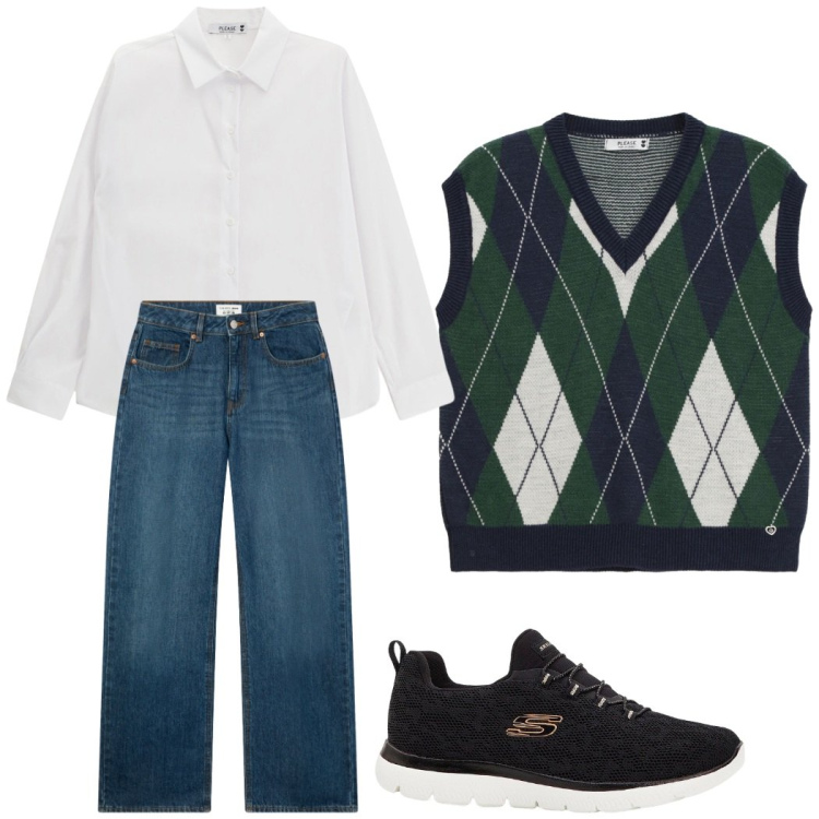 Outfit donna - Total look #2275459. Stile Mannish per Ufficio. Abbinamento con sneakers, jeans, camicie, gilet.