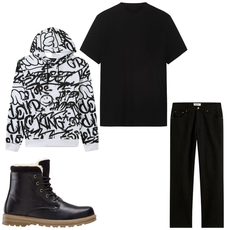 Outfit uomo - Eclettico. Stile Casual per Tutti i giorni. Abbinamento con jeans dritti, stivali e stivaletti, felpe con cappuccio, t-shirt.