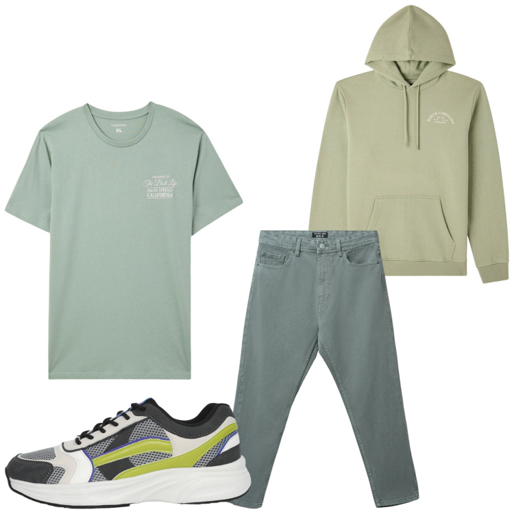 Outfit uomo - Casual green. Stile Casual per Tutti i giorni. Abbinamento con t-shirt, felpe con cappuccio, jeans, sneakers.