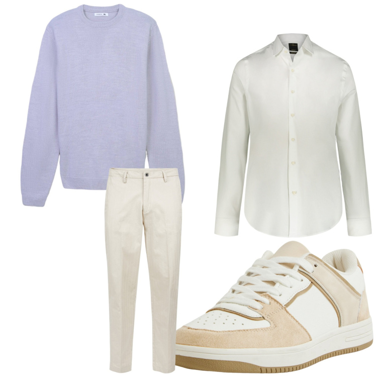 Outfit uomo - Glicine. Stile Casual per Tutti i giorni. Abbinamento con sneakers, maglieria, camicie, pantaloni.