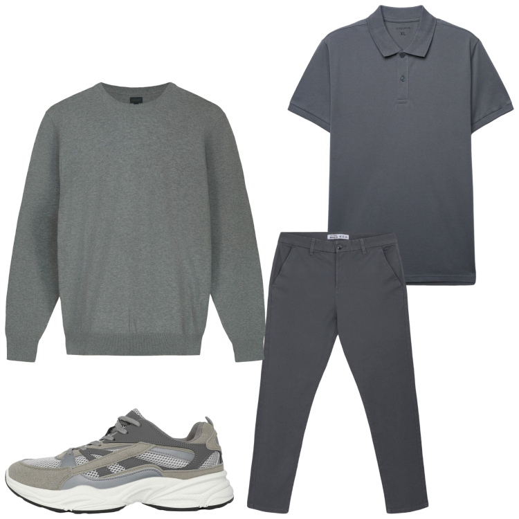 Outfit uomo - Autunno grey. Stile Casual per Tutti i giorni. Abbinamento con pantaloni chino, sneakers, polo, maglieria.