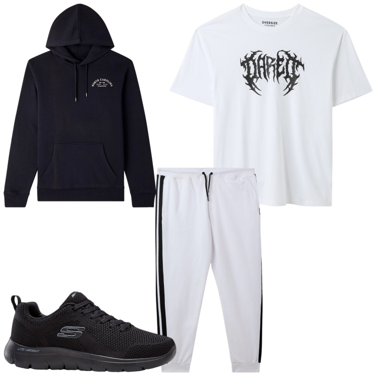 Outfit uomo - Sportivo. Stile Casual per Tutti i giorni. Abbinamento con sneakers, t-shirt, pantaloni, felpe con cappuccio.