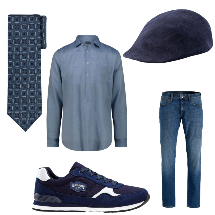Outfit uomo - Sporty chic. Stile Business/Elegante per Serata speciale. Abbinamento con sneakers, jeans, cravatte, cappelli con visiera, camicie.