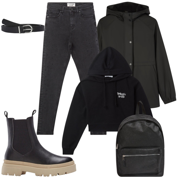 Outfit donna - Totale Black la scuola. Stile Urban per Scuola/Università. Abbinamento con stivaletti chelsea, zaini, felpe con cappuccio, cinture, jeans skinny, blazer.