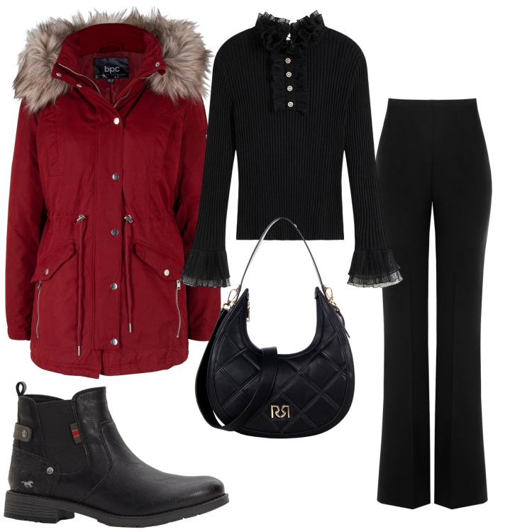 Outfit donna - Arriva il freddo. Stile Casual per Ufficio. Abbinamento con parka, maglieria, stivaletti chelsea, pantaloni, borse a tracolla.