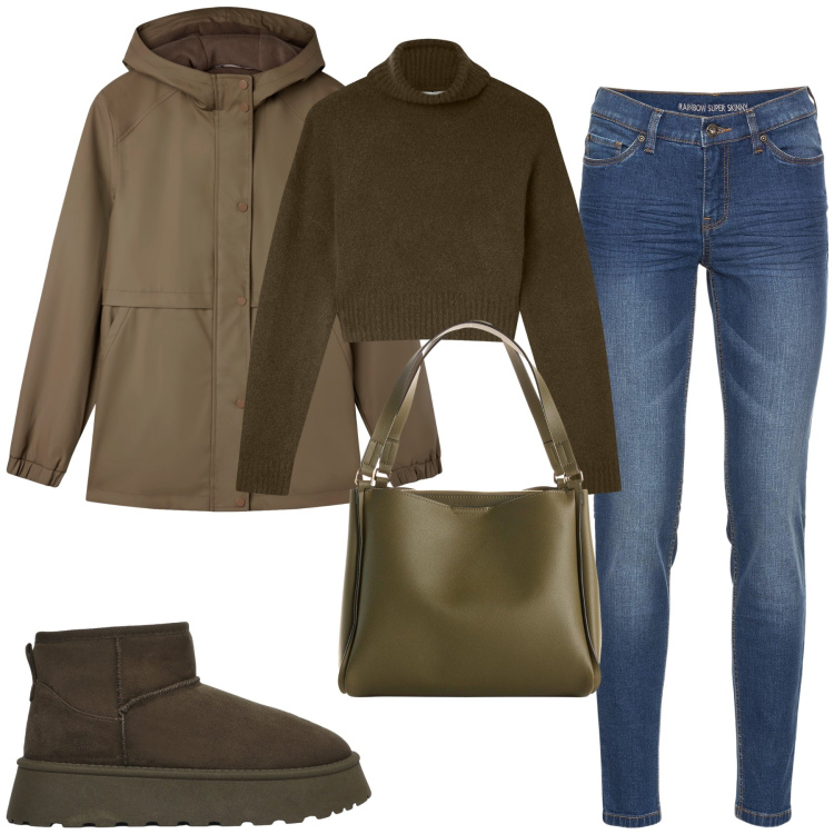 Outfit donna - Verde oliva. Stile Casual per Tutti i giorni. Abbinamento con jeans skinny, borse a mano, maglieria, blazer, stivali.