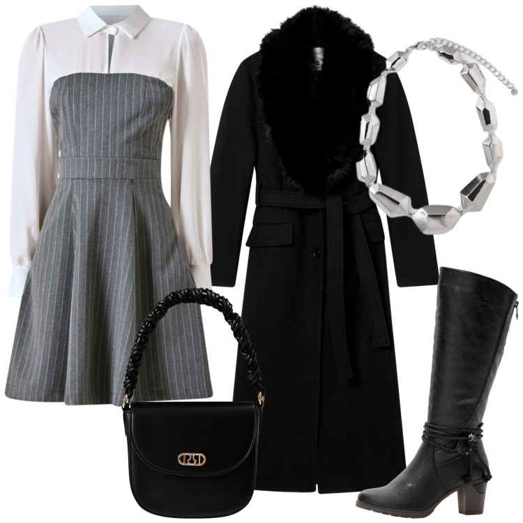 Outfit donna - Total look #2275476. Stile Glamour per Serata fuori. Abbinamento con stivali, cappotti, vestiti corti, borse a mano, ciondoli.