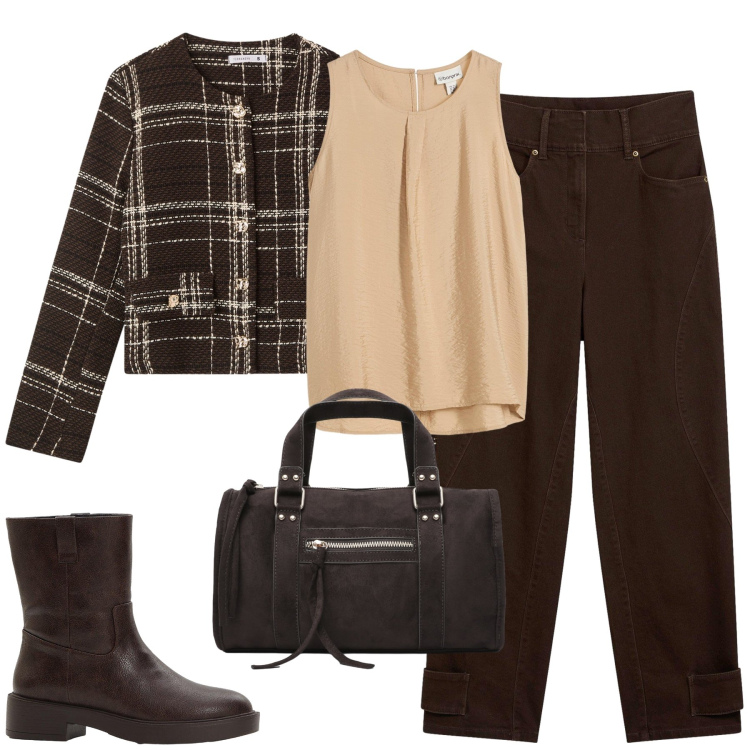 Outfit donna - Look classico per l\'ufficio. Stile Casual chic per Ufficio. Abbinamento con top, stivaletti, pantaloni, blazer, borse a mano.