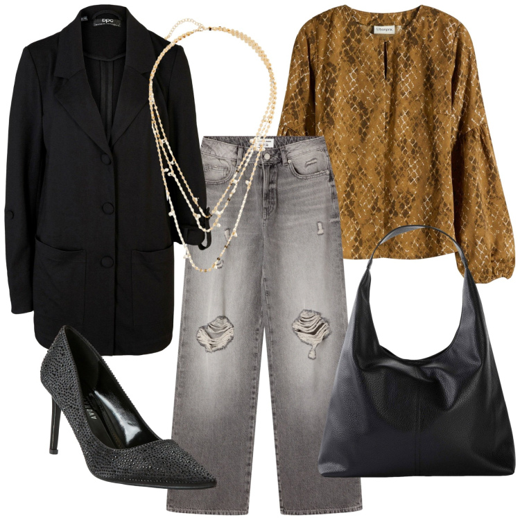 Outfit donna - Total look #2275481. Stile Trendy per Serata fuori. Abbinamento con blazer, shopping bag, collane, bluse, décolleté, jeans strappati.