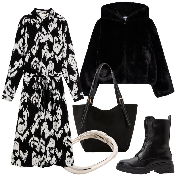 Outfit donna - Total look #2275485. Stile Glamour per Serata fuori. Abbinamento con braccialetti, vestiti, stivaletti, shopping bag, ecopellicce.