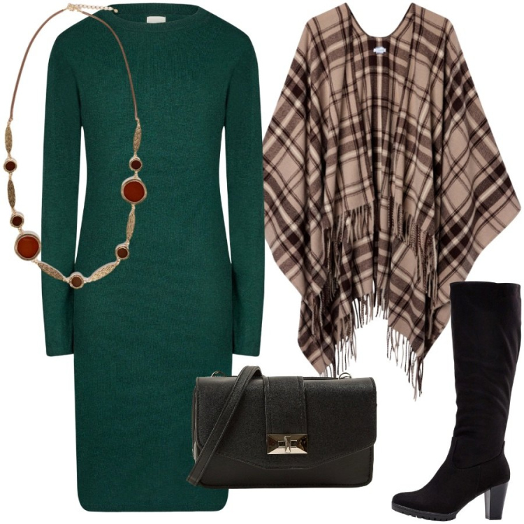 Outfit donna - In ufficio. Stile Casual chic per Ufficio. Abbinamento con stivali, cappotti, borse a tracolla, vestiti midi/longuette, collane.