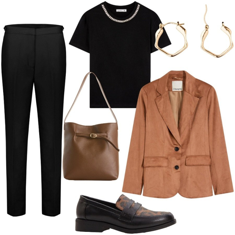 Outfit donna - In ufficio. Stile Casual chic per Ufficio. Abbinamento con blazer, orecchini, borse a mano, mocassini, t-shirt, pantaloni chino.