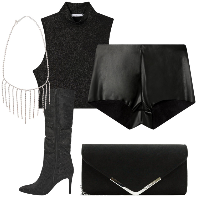 Outfit donna - Sexy shorts for Halloween. Stile Sexy per Serata fuori. Abbinamento con pochette, stivali, collane, top, shorts.