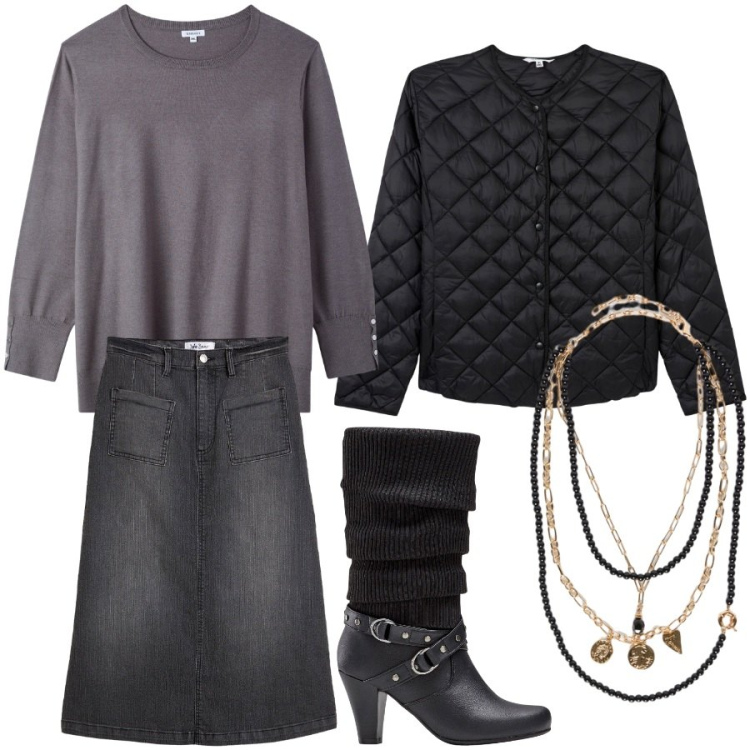 Outfit donna - Total look #2275489. Stile Casual per Ufficio. Abbinamento con stivali, gonne longuette, piumini, pullovers, collane.