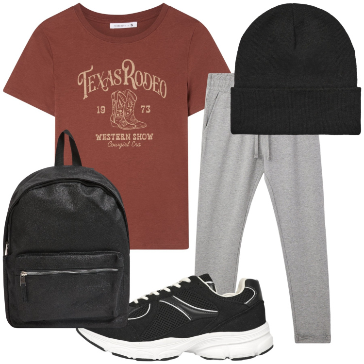 Outfit donna - Sportiva Terranova. Stile Casual per Tutti i giorni. Abbinamento con zaini, pantaloni, sneakers, t-shirt, berretti.