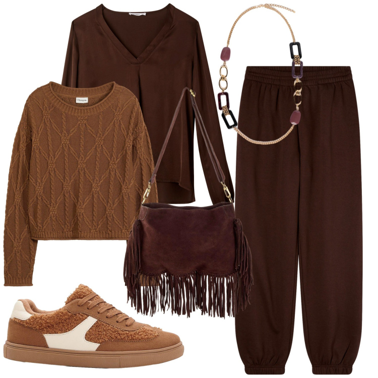 Outfit donna - Total look #2275494. Stile Casual chic per Tutti i giorni. Abbinamento con maglieria, borse a tracolla, sneakers, pantaloni, bluse, collane.