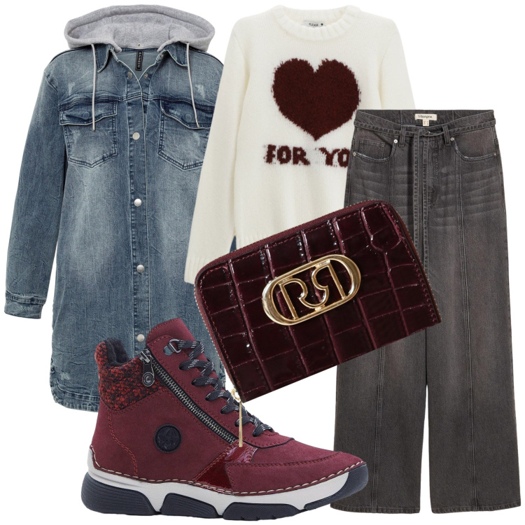 Outfit donna - Journee a deux. Stile Trendy per Tutti i giorni. Abbinamento con blazer, jeans, stivaletti, pullovers, portafogli.