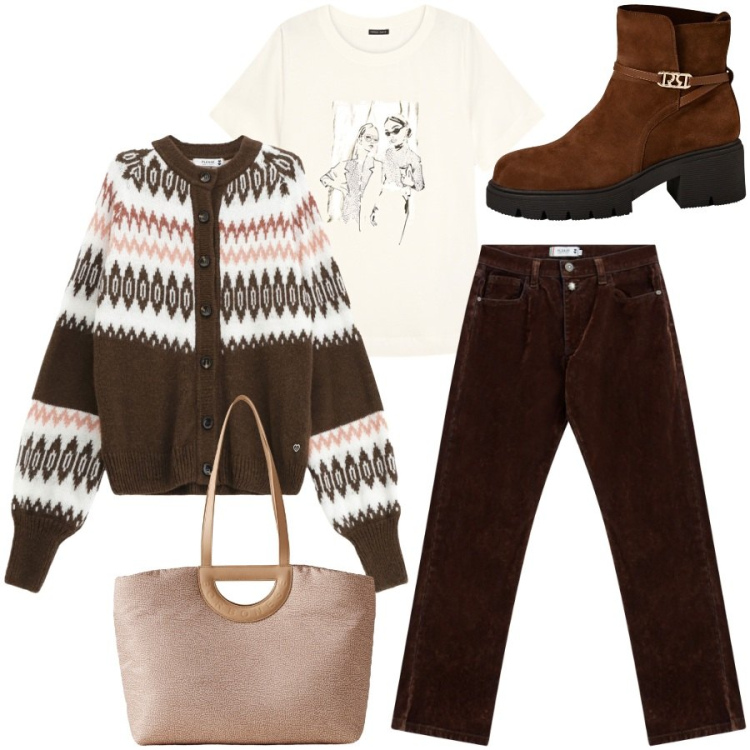 Outfit donna - Total look #2275496. Stile Casual chic per Tutti i giorni. Abbinamento con stivaletti, cardigans, pantaloni, shopping bag, t-shirt.