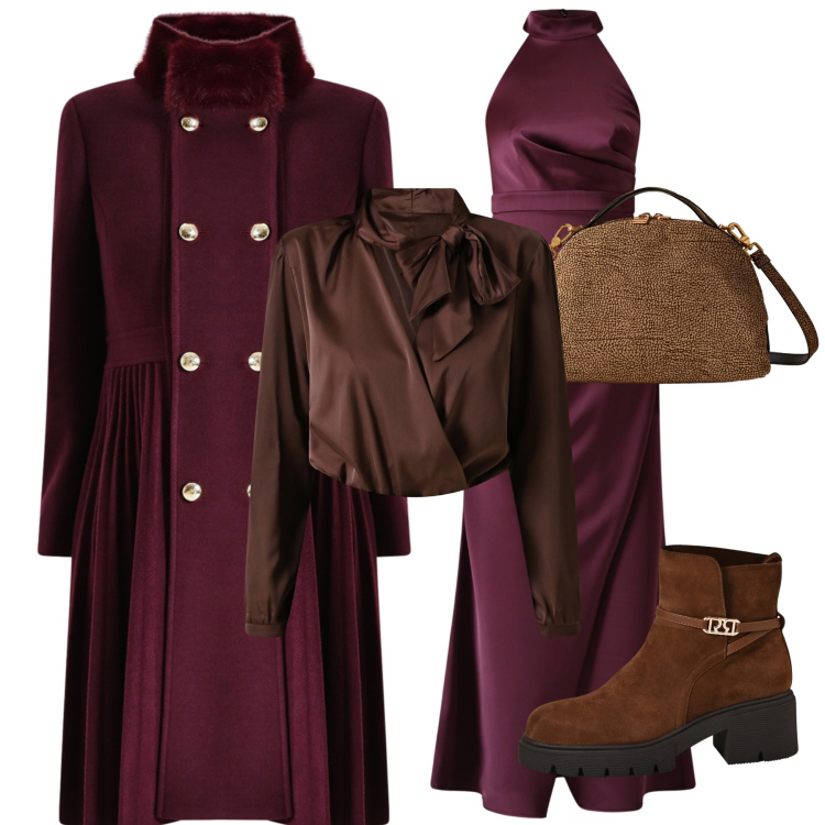 Outfit donna - A strati se fredda serata chic. Stile Glamour per Serata fuori. Abbinamento con cappotti, vestiti lunghi, body, stivaletti, borse a mano.