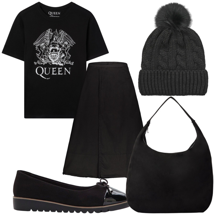 Outfit donna - Sporty queen. Stile Basic per Tutti i giorni. Abbinamento con ballerine, berretti, borse a mano, t-shirt, gonne lunghe.