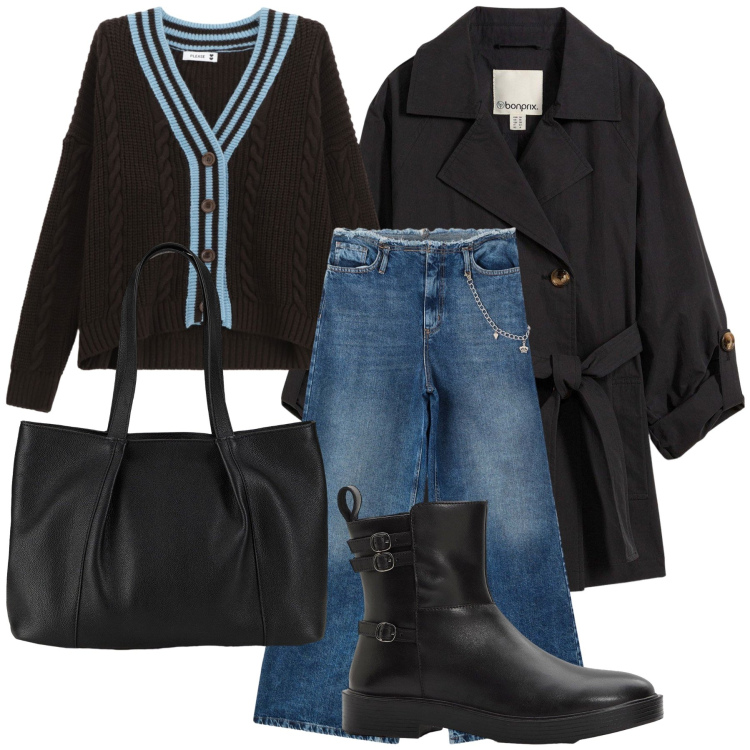 Outfit donna - E piove. Stile Casual chic per Ufficio. Abbinamento con trench, stivaletti, shopping bag, jeans dritti, cardigans.