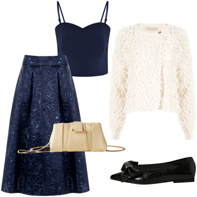 Outfit donna - Pranzo di Natale. Stile Chic per Cerimonia. Abbinamento con pochette, top, ballerine, gonne longuette, cardigans.