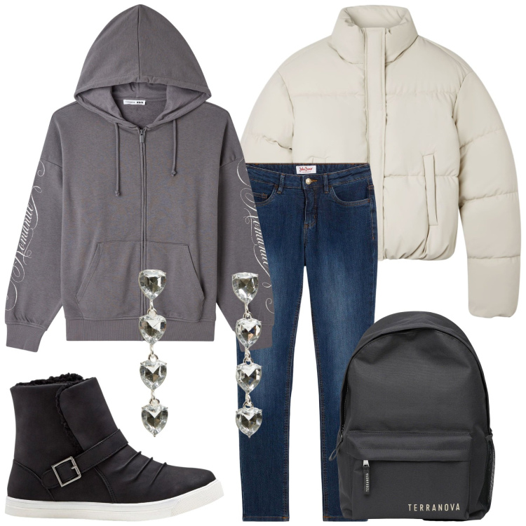 Outfit donna - Total look #2275504. Stile Basic per Scuola/Università. Abbinamento con jeans skinny, stivaletti, felpe con cappuccio, orecchini, zaini, bomber.
