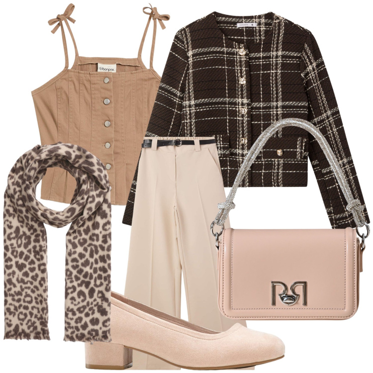 Outfit donna - Total look. Stile Urban per Tutti i giorni. Abbinamento con décolleté, top, pantaloni, blazer, sciarpe, borse a mano.