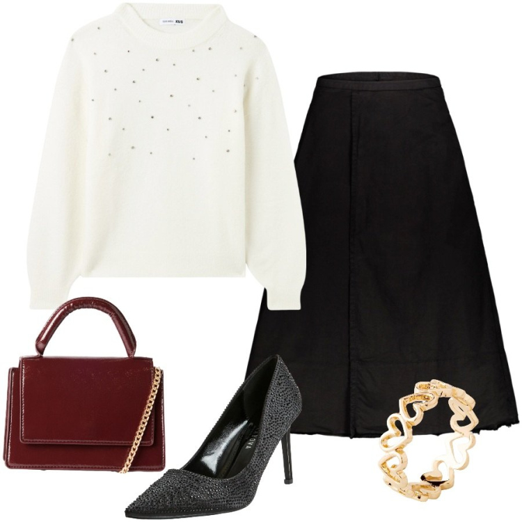 Outfit donna - Feste in famiglia. Stile Bon Ton per Serata fuori. Abbinamento con anelli, décolleté, maglieria, borse a tracolla, gonne lunghe.