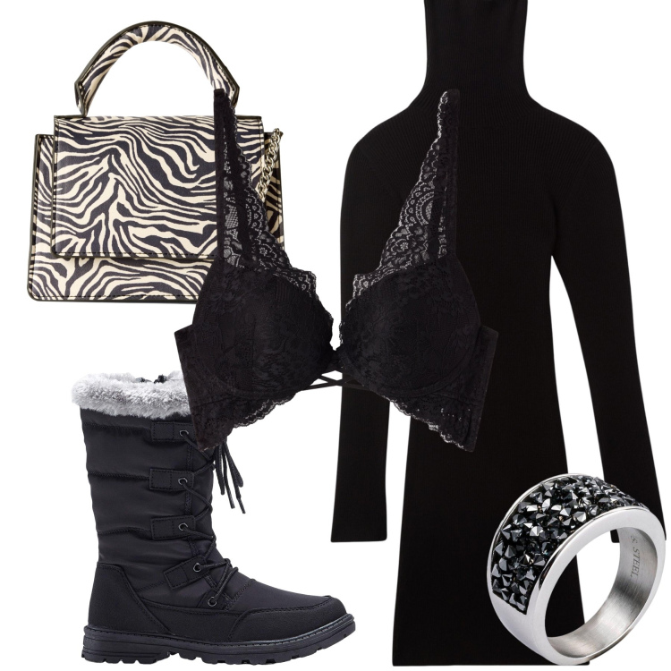 Outfit donna - Halloween in ufficio… sporty chic. Stile Urban per Tutti i giorni. Abbinamento con stivaletti, anelli, vestiti corti, borse a tracolla, reggiseni.