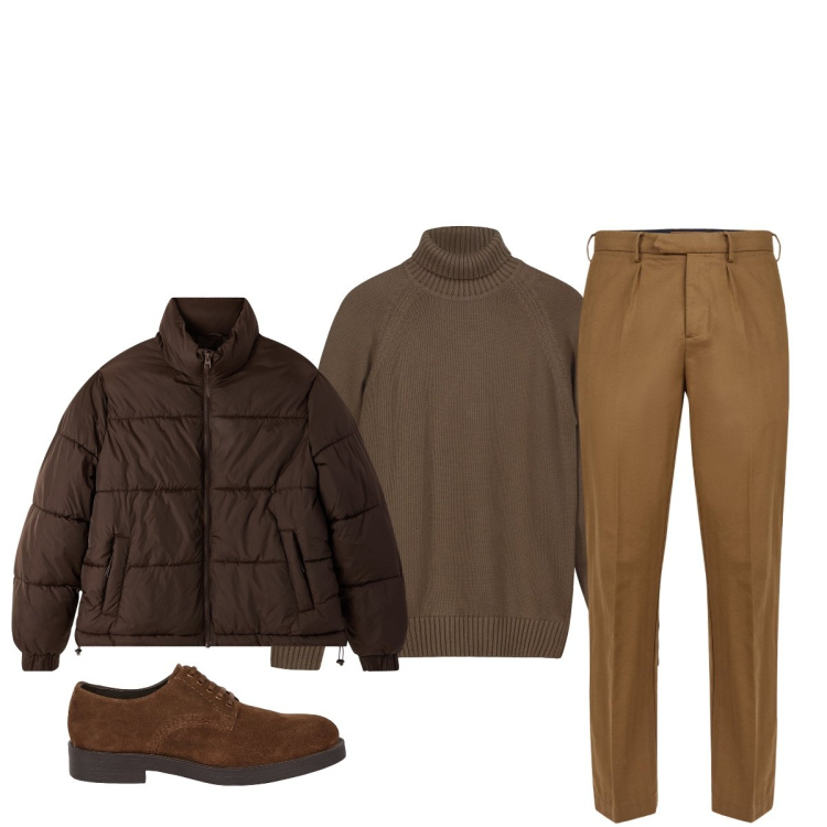 Outfit uomo - Total brown. Stile Trendy per Tutti i giorni. Abbinamento con bomber, pullovers, scarpe stringate, pantaloni.