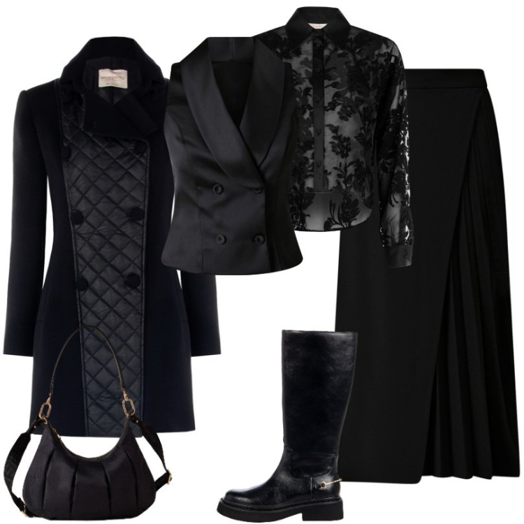 Outfit donna - Il Total black si fa sempre notare. Stile Trendy per Tutti i giorni. Abbinamento con borse a spalla, gonne longuette, camicie, gilet, stivali sopra il ginocchio, cappotti.