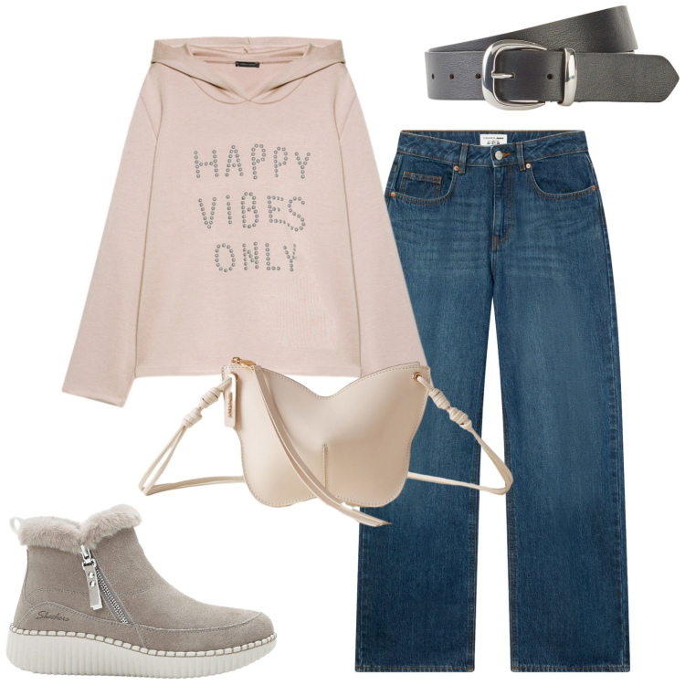 Outfit donna - Total look #2275524. Stile Casual per Tutti i giorni. Abbinamento con stivaletti, cinture, jeans, borse a tracolla, felpe con cappuccio.