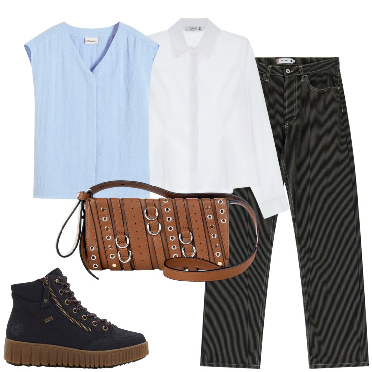Outfit donna - Ottobre. Stile Casual per Tutti i giorni. Abbinamento con top, sneakers alte, camicie, pantaloni, borse a spalla.
