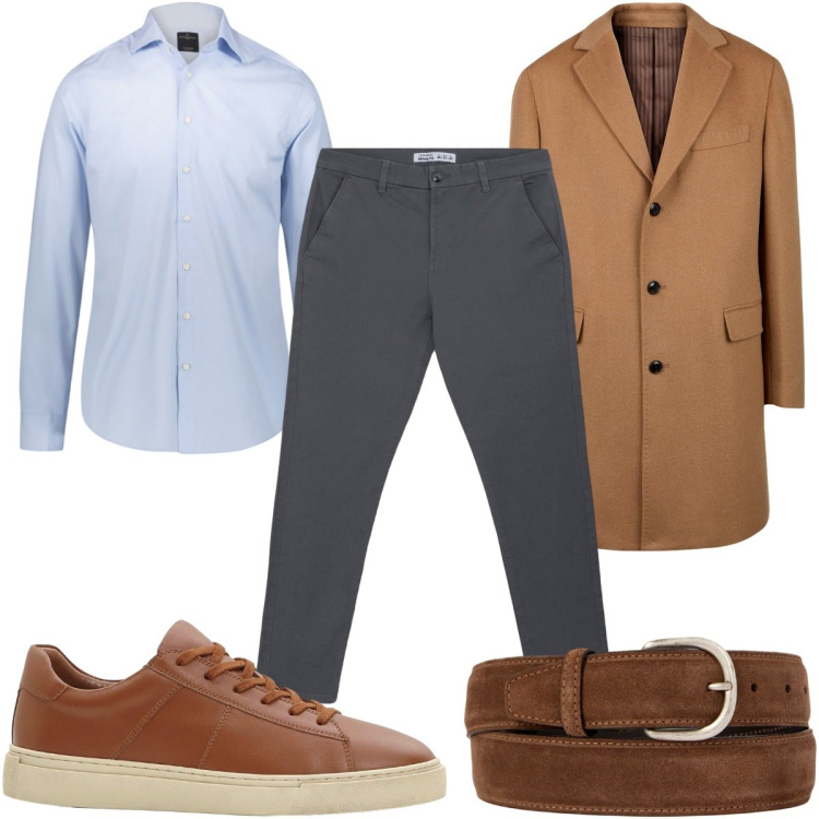Outfit uomo - Total look #2275533. Stile Casual per Ufficio. Abbinamento con sneakers, pantaloni chino, camicie, cinture, cappotti.